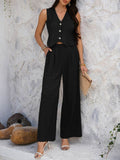 Devine Button Down Vest and Wide Leg Pants Set - Hovatok