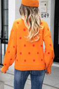 Angel Wings Woven Right Polka Dot Round Neck Dropped Shoulder Sweater - Hovatok