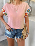 Devine Swiss Dot Round Neck Crochet Short Sleeve Top - Hovatok
