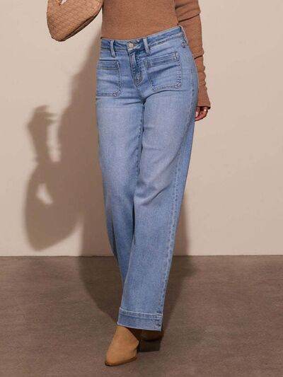 High Rise Front Pocket Patch Wide Leg Jeans - Hovatok