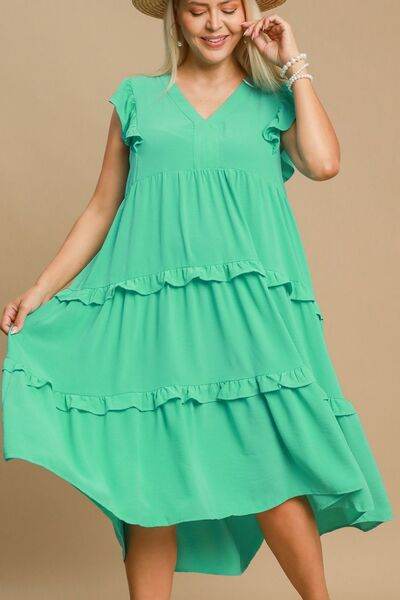Umgee Full Size Ruffle Tiered Cap Sleeve Midi Dress Plus Size - Hovatok