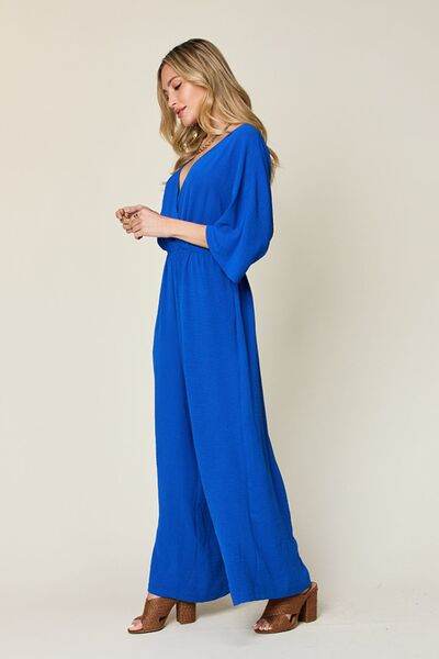 Double Take Full Size Surplice Wide Leg Jumpsuit with Pockets - Hovatok