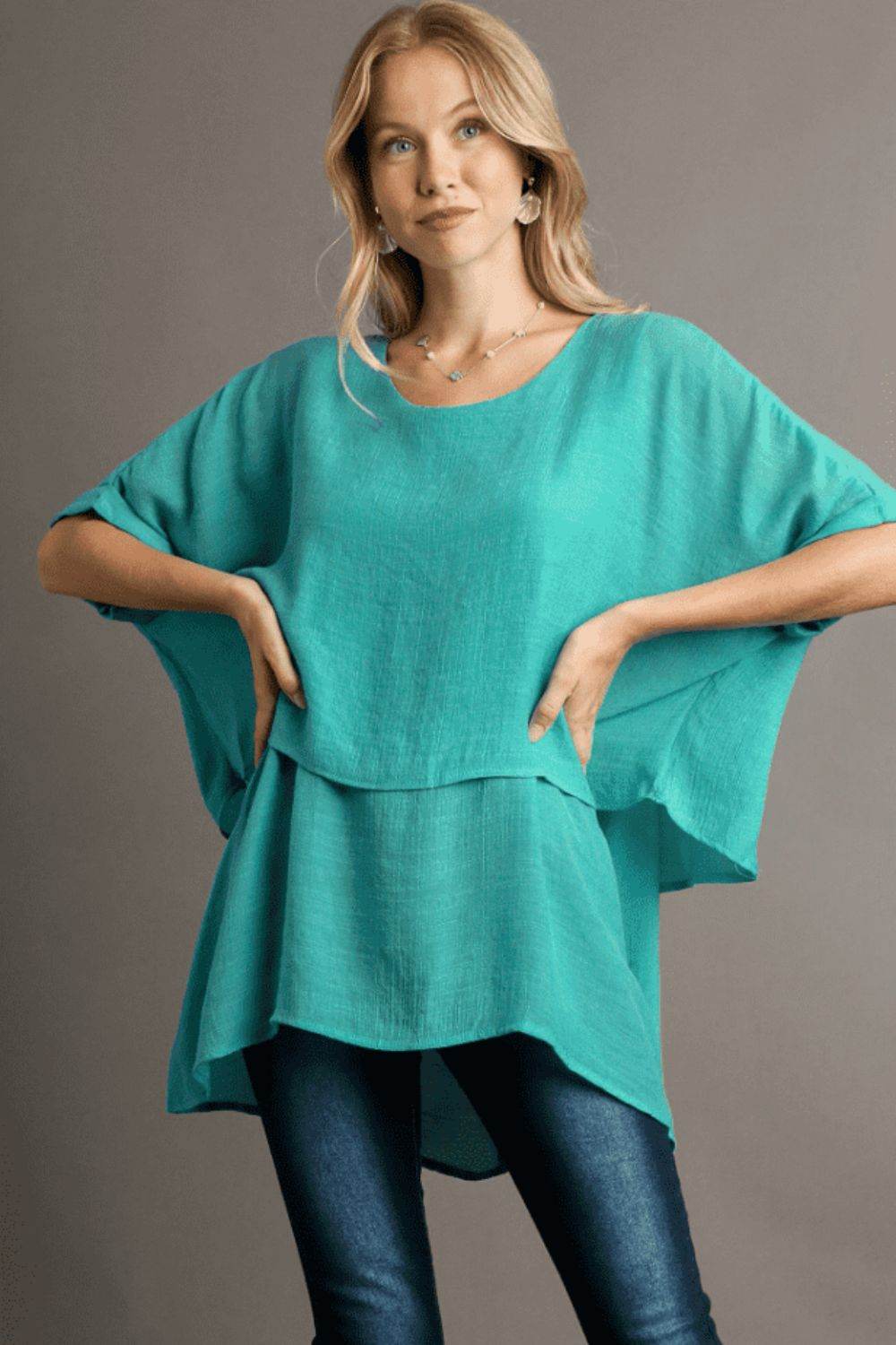 Umgee Full Size Cuffed Half Sleeve Layered Top Plus Size - Hovatok