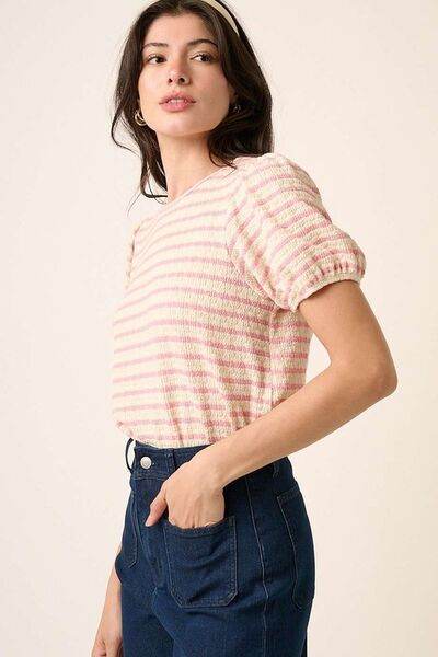Mittoshop Contrast Striped Short Puff Sleeve Knit Top - Hovatok