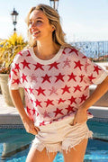 BiBi Star Pattern Round Neck Short Sleeve Knit Top - Hovatok