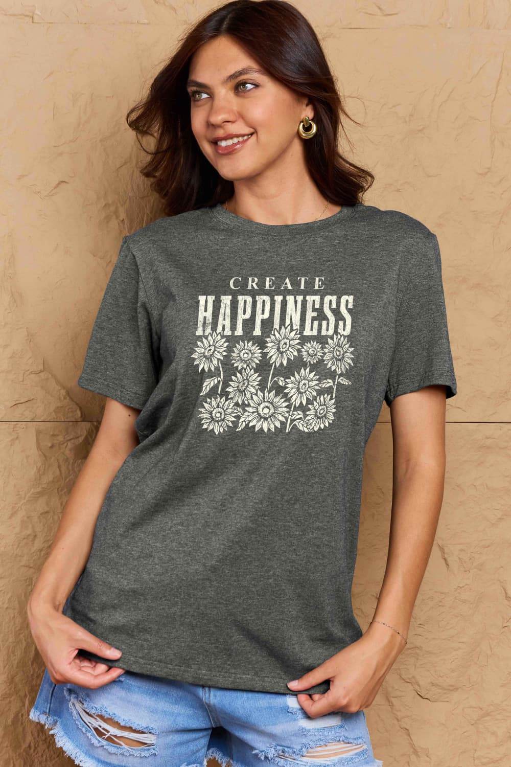 Simply Love Full Size CREATE HAPPINESS Graphic Cotton T-Shirt - Hovatok