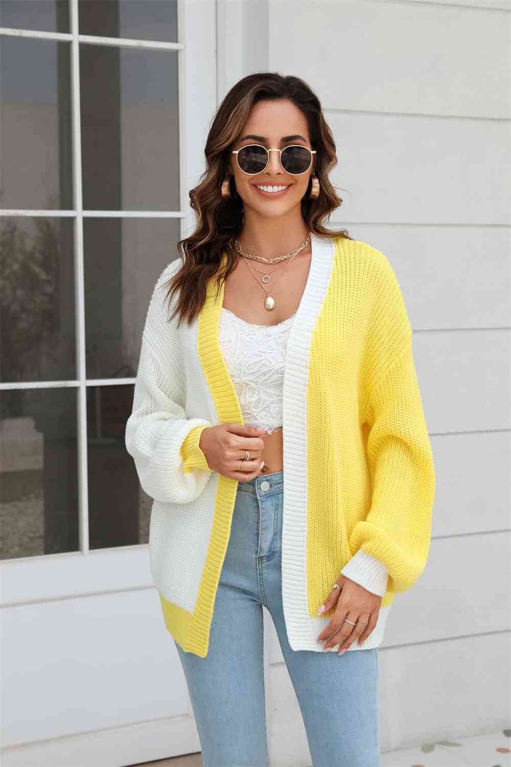Angel Wings Open Front Contrast Color Balloon Sleeve Cardigan - Hovatok