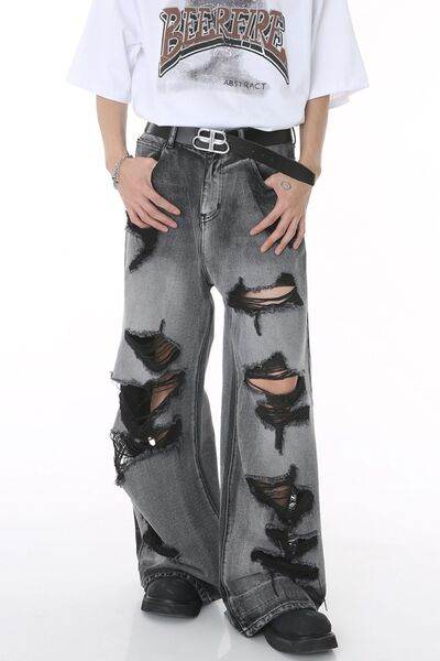 Distressed Wide Leg Jeans with Pockets - Hovatok