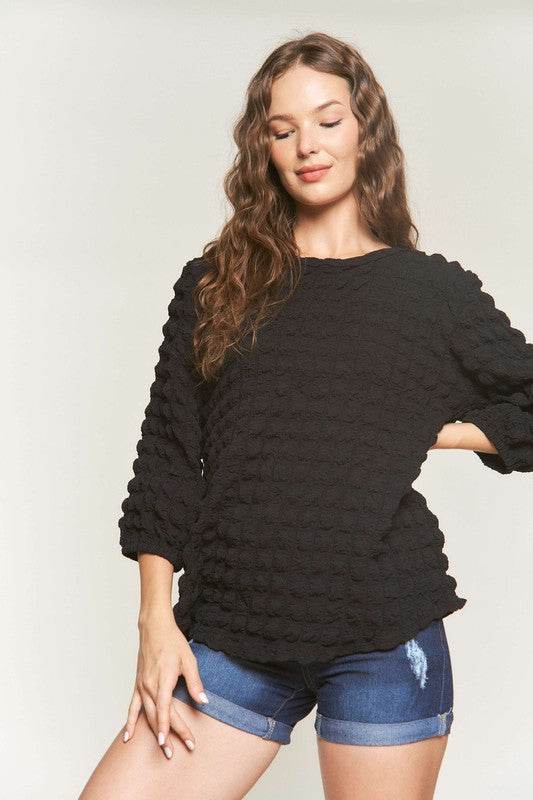 ADORA Bubble Texture Round Neck Blouse - Hovatok