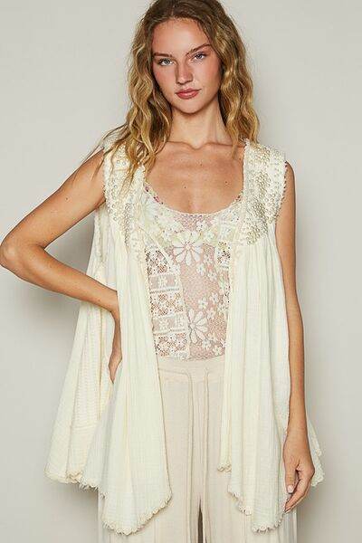 POL Pearl Detail Open Front Sleeveless Cardigan - Hovatok