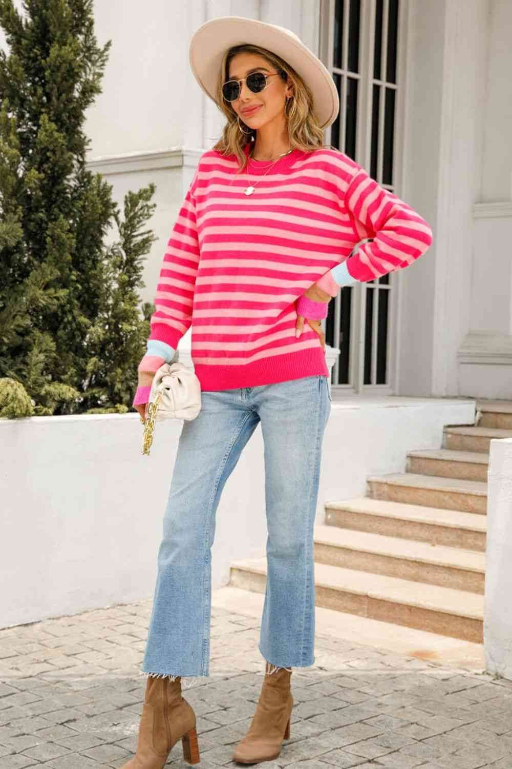 Angel Wings Warm Spice Striped Round Neck Sweater - Hovatok
