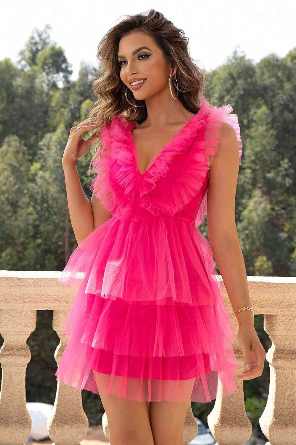 Ruffled V-Neck Sleeveless Mesh Dress - Hovatok