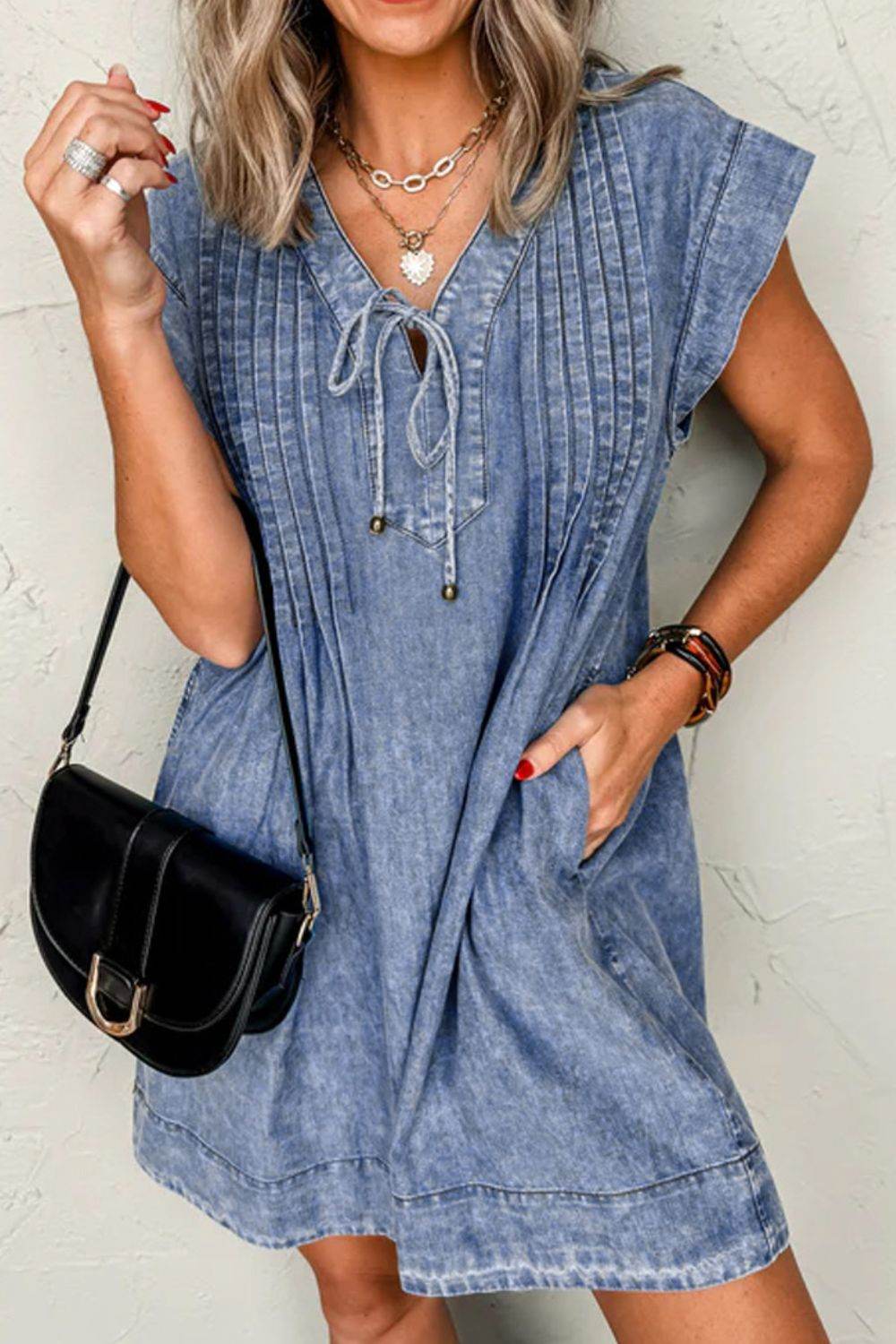 Tie V Neck Tucking Detail Short Sleeve Denim Dress - Hovatok