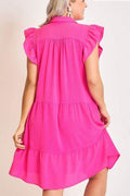 Umgee Full Size Johnny Collar Ruffle Cap Sleeve Tiered Dress Plus Size - Hovatok