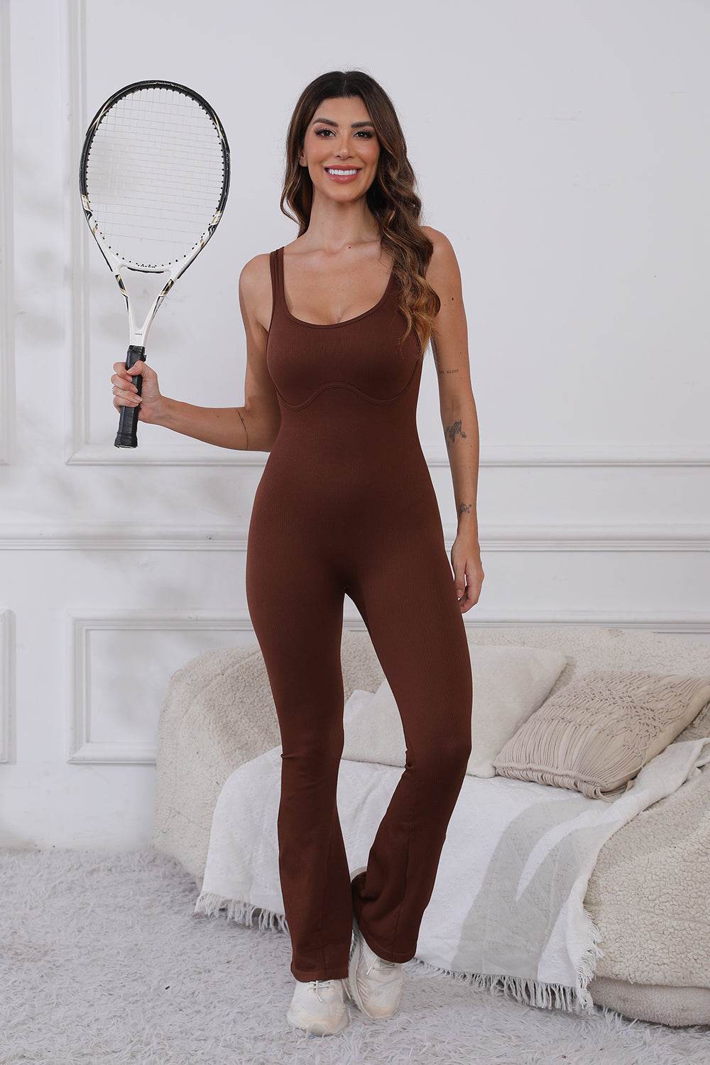 Scoop Neck Wide Strap Active Jumpsuit - Hovatok