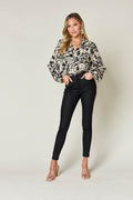 Double Take Full Size Printed Ruffle Trim Balloon Sleeve Shirt - Hovatok
