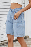High Rise Denim Shorts with Cargo Pockets - Hovatok