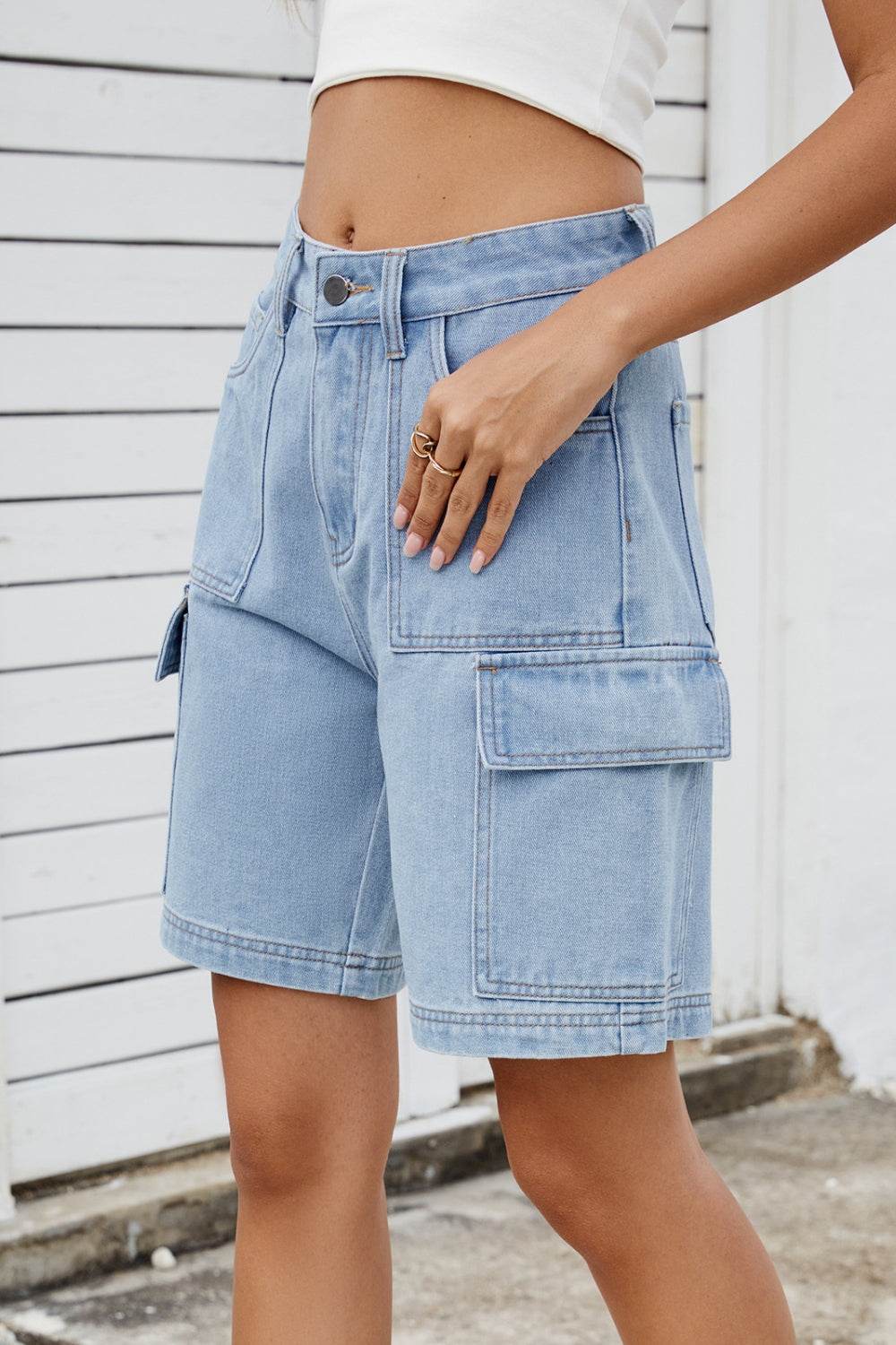 High Rise Denim Shorts with Cargo Pockets - Hovatok