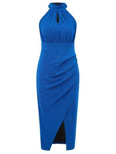 Slit Ruched Mock Neck Sleeveless Dress - Hovatok