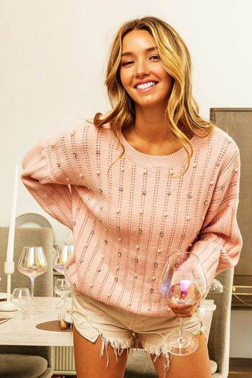 BiBi Pearl & Rhinestone Decor Long Sleeve Sweater - Hovatok