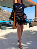 Fringe Cutout Long Sleeve Cover Up - Hovatok