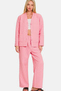Zenana Quilted Button Up Long Sleeve Top and Pants Lounge Set - Hovatok