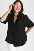 Umgee Full Size Split Neck Boxy Cut Top with Piping Details Plus Size - Hovatok