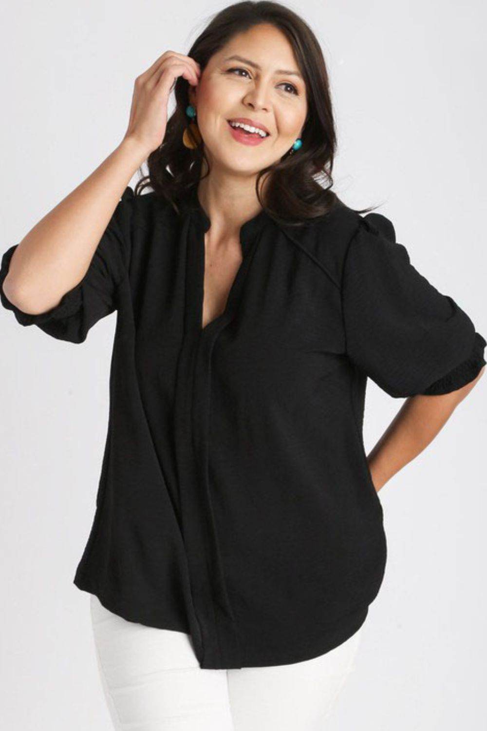 Umgee Full Size Split Neck Boxy Cut Top with Piping Details Plus Size - Hovatok