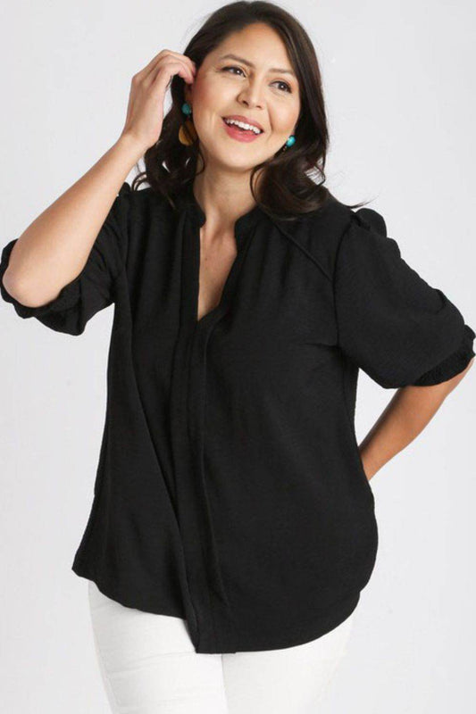 Umgee Full Size Split Neck Boxy Cut Top with Piping Details Plus Size - Hovatok