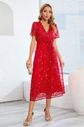 Sequin Leaf Embroidery Tie Front Short Sleeve Dress - Hovatok