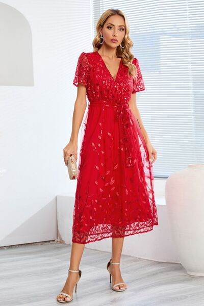 Sequin Leaf Embroidery Tie Front Short Sleeve Dress - Hovatok
