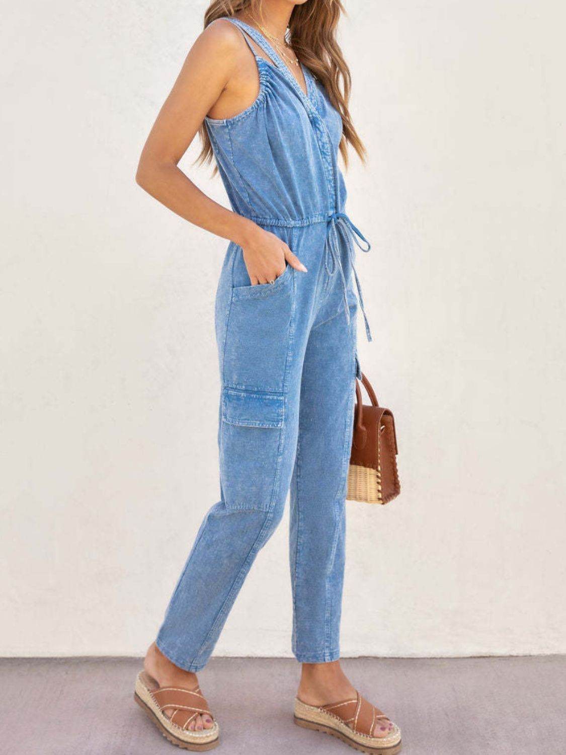 V-Neck Sleeveless Denim Jumpsuit - Hovatok