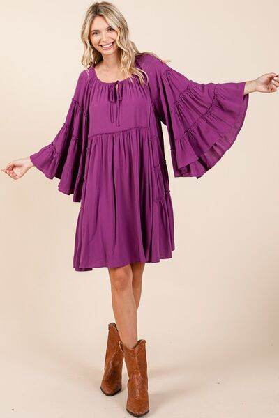 Mittoshop Frill Tie Neck Bell Sleeve Dress - Hovatok