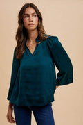 Annie Wear Satin Notched Three-Quarter Sleeve Blouse - Hovatok
