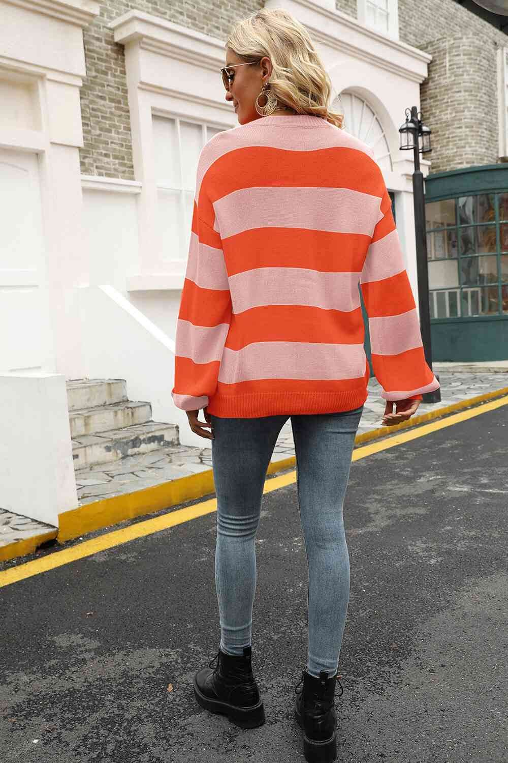 Angel Wings Striped Balloon Sleeve Knit Pullover - Hovatok
