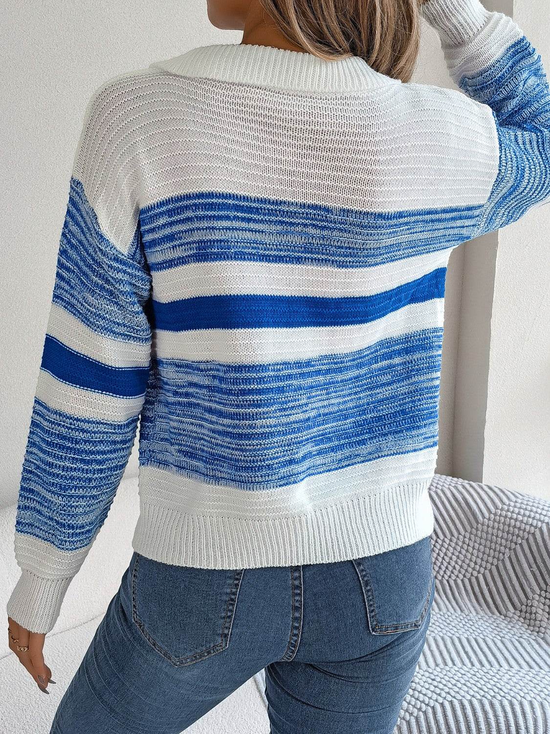 Striped Collared Neck Long Sleeve Sweater - Hovatok