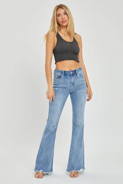 Risen Full Size High Rise Frayed Hem Flare Jeans - Hovatok