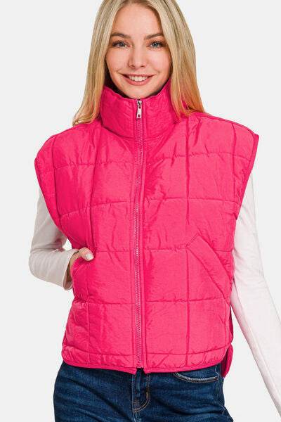 Zenana Zip Up Cropped Puffer Vest with Pockets - Hovatok