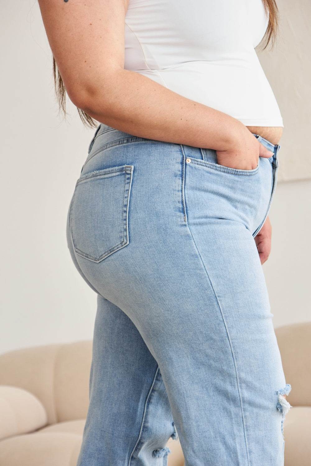 RFM Full Size Tummy Control High Waist Raw Hem Distressed Jeans - Hovatok
