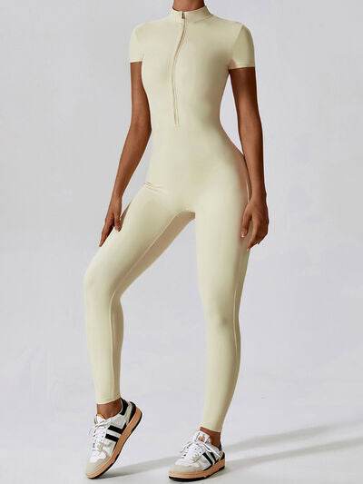 Basic Bae Half Zip Short Sleeve Active Jumpsuit - Hovatok
