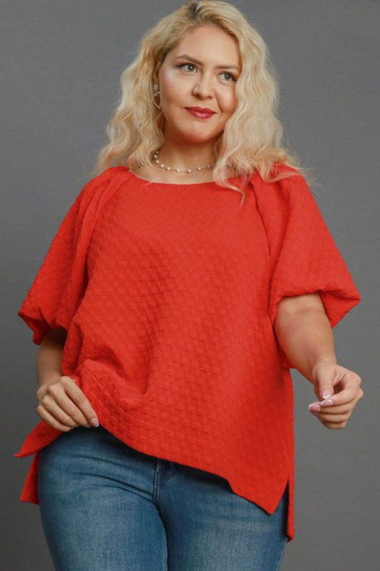 Umgee Full Size Boxy Cut Jacquard Round Neck Top with Side Slit Plus Size - Hovatok