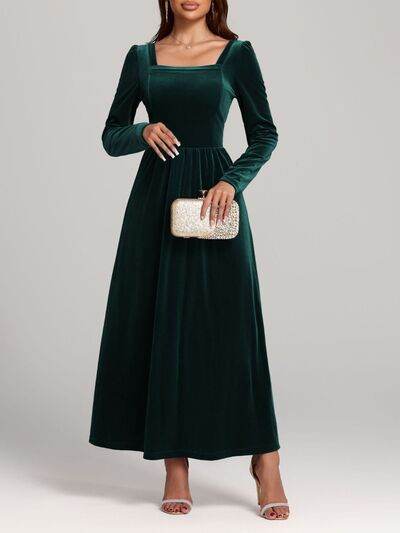 Velvet Square Neck Long Sleeve Dress - Hovatok