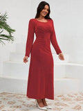 Ruched Round Neck Long Sleeve Dress - Hovatok