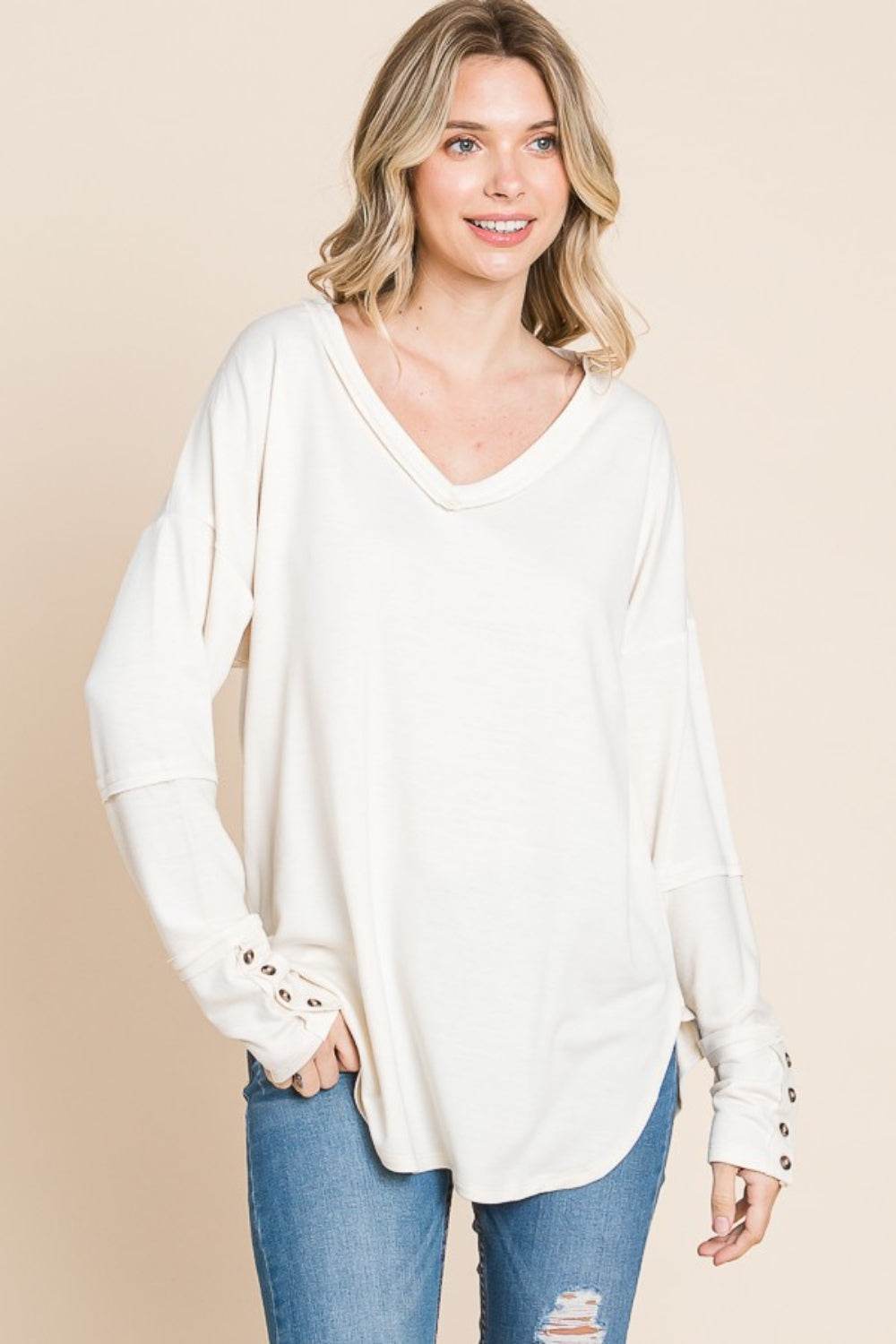 Culture Code Full Size V-Neck Dropped Shoulder Blouse - Hovatok