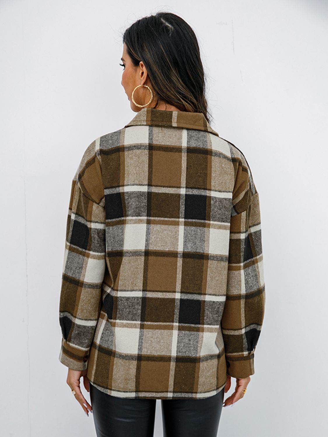 Shiny Plaid Button Up Collared Neck Jacket - Hovatok