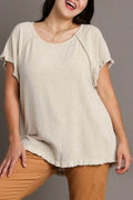 Umgee Full Size Seam Detail Linen Ruffle Fringe Edge Top Plus Size - Hovatok