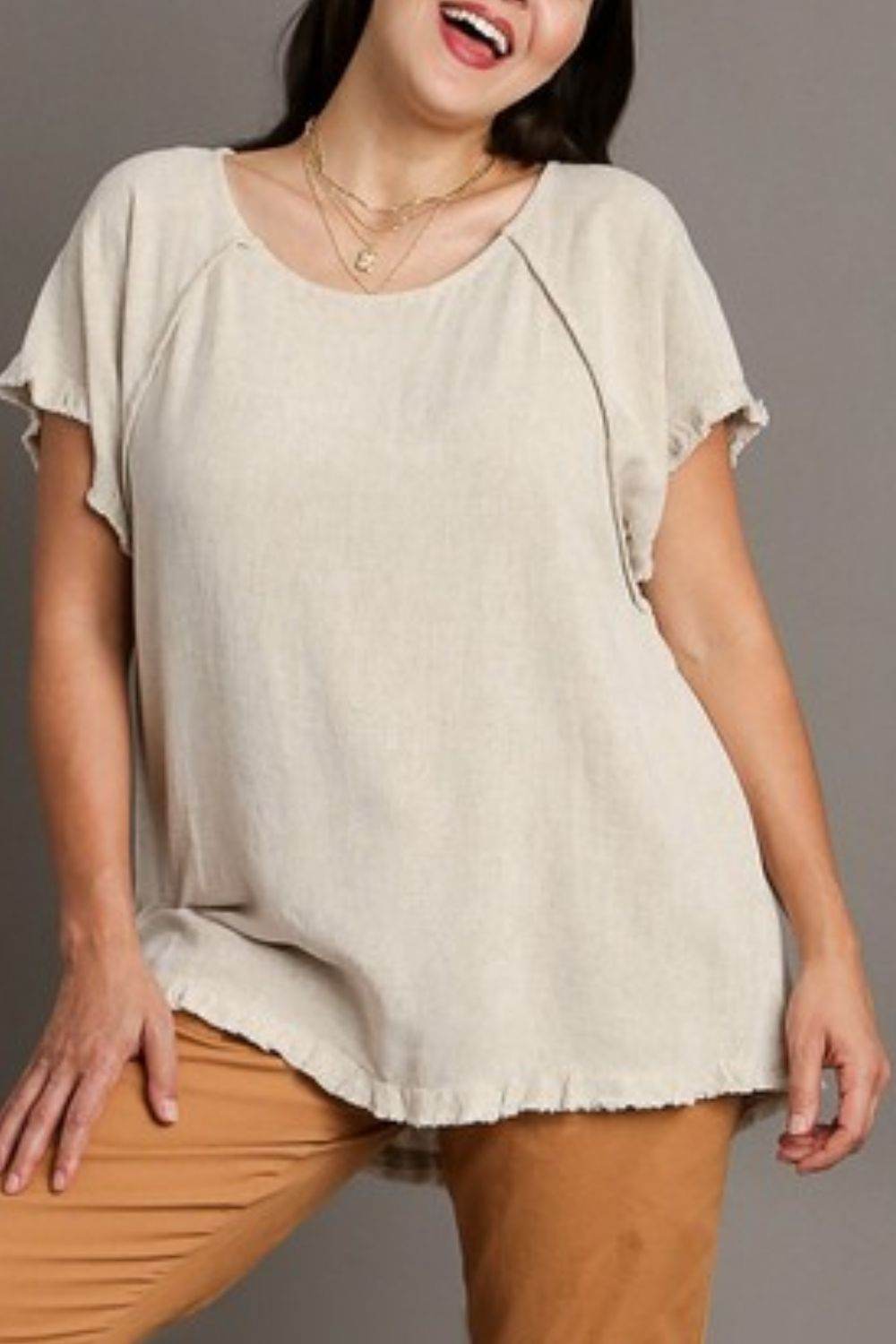 Umgee Full Size Seam Detail Linen Ruffle Fringe Edge Top Plus Size - Hovatok