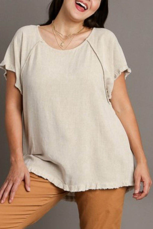 Umgee Full Size Seam Detail Linen Ruffle Fringe Edge Top Plus Size - Hovatok