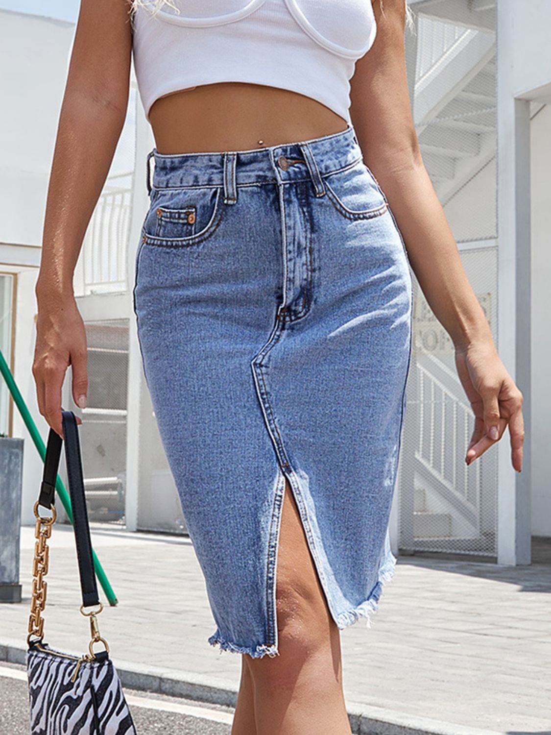 Raw Hem Slit Denim Skirt - Hovatok