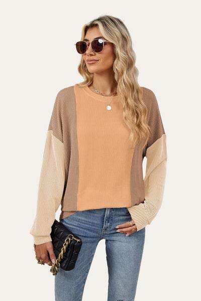 Double Take Texture Contrast Round Neck Long Sleeve T-Shirt - Hovatok
